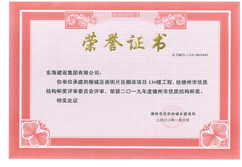 陵城區(qū)南街片棚改項目13#樓榮獲2019年度德州市優(yōu)質(zhì)結(jié)構(gòu)杯獎