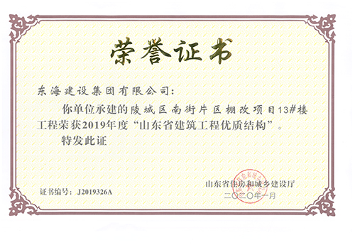 陵城區(qū)南街片區(qū)棚改項目13#樓工程榮獲2019年度“山東省建筑工程優(yōu)質(zhì)結(jié)構(gòu)”