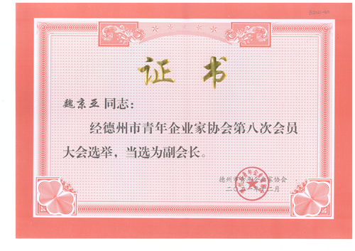 魏京亞同志當選為德州市青年企業(yè)家協(xié)會副會長